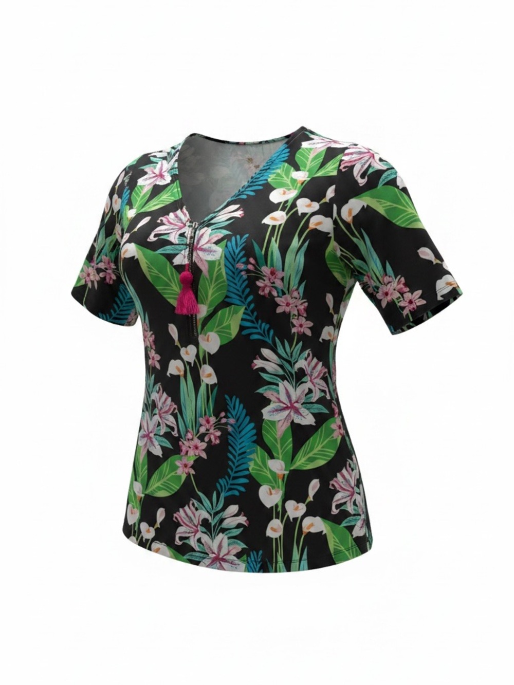 Belle by Kim Gravel 2X Tropical Floral Half Zip Top Pink Tassel
